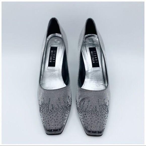 Stuart Weitzman Pewter Fabric Jeweled‎ Evening Heel Pumps Sz 10 Square Toe - Picture 2 of 10